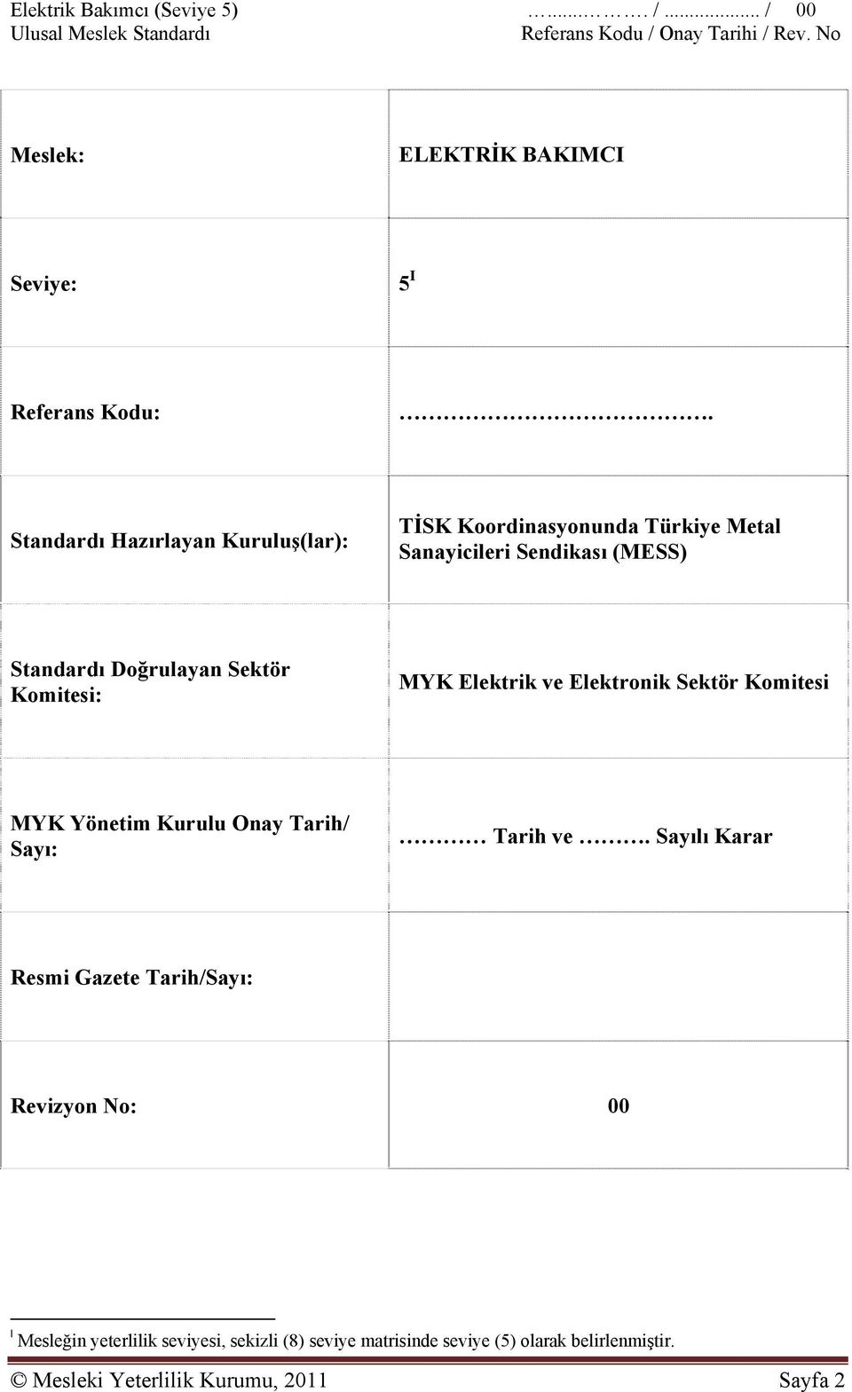 Standardı Hazırlayan Kuruluş(lar): TİSK Koordinasyonunda Türkiye Metal Sanayicileri Sendikası (MESS) Standardı Doğrulayan Sektör Komitesi: MYK