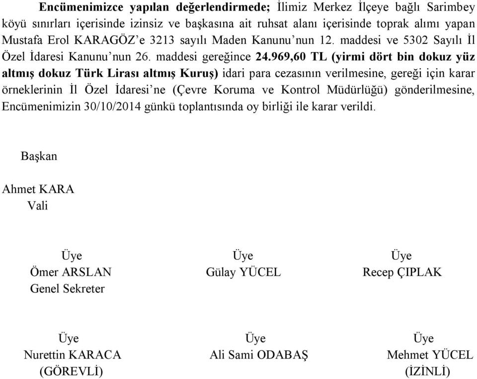 969,60 TL (yirmi dört bin dokuz yüz altmış dokuz Türk Lirası altmış Kuruş) idari para cezasının verilmesine, gereği için karar örneklerinin İl Özel İdaresi ne (Çevre