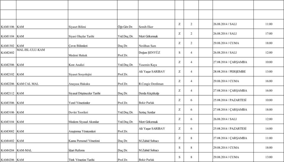 Dr. Ali Yaşar SARIBAY Z 4 28.08.2014 / PERŞEMBE 13:00 KAM2206 KAM CAL MAL Anayasa Hukuku Prof.Dr. R.Cengiz Derdiman KAM2112 KAM Siyasal Düşünceler Tarihi Doç.Dr. Derda Küçükalp KAM3306 KAM Yerel Yönetimler Prof.