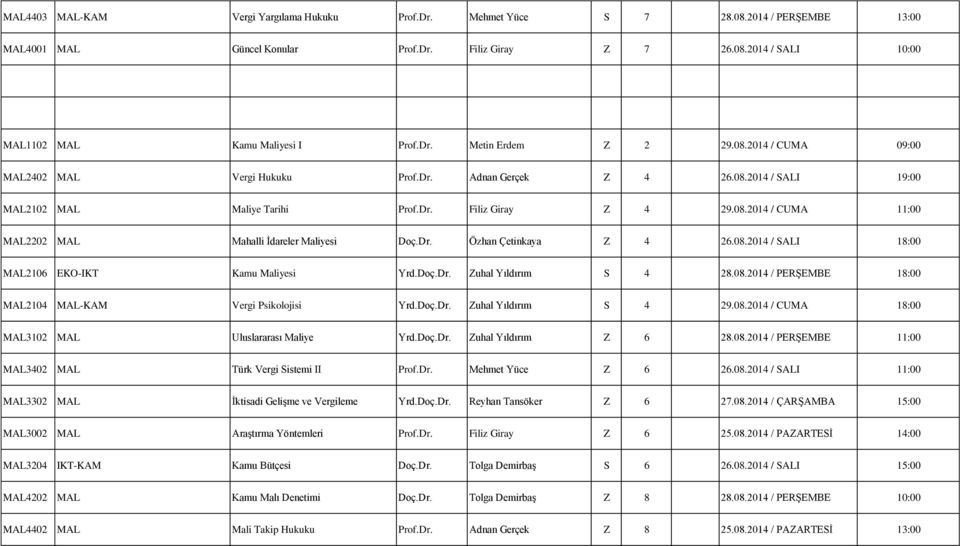Dr. Özhan Çetinkaya Z 4 26.08.2014 / SALI 18:00 MAL2106 EKO-IKT Kamu Maliyesi Yrd.Doç.Dr. Zuhal Yıldırım S 4 28.08.2014 / PERŞEMBE 18:00 MAL2104 MAL-KAM Vergi Psikolojisi Yrd.Doç.Dr. Zuhal Yıldırım S 4 29.