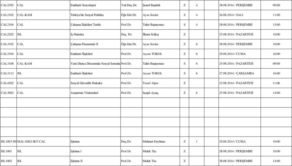 Dr. Aysen TOKOL Z 6 29.08.2014 / CUMA 16:00 CAL3108 CAL-KAM Yeni Dünya Düzeninde Sosyal SorunlarProf.Dr. Tahir Baştaymaz S 6 25.08.2014 / PAZARTESİ 09:00 CAL3112 ISL Endüstri İlişkileri Prof.Dr. Aysen TOKOL S 6 27.