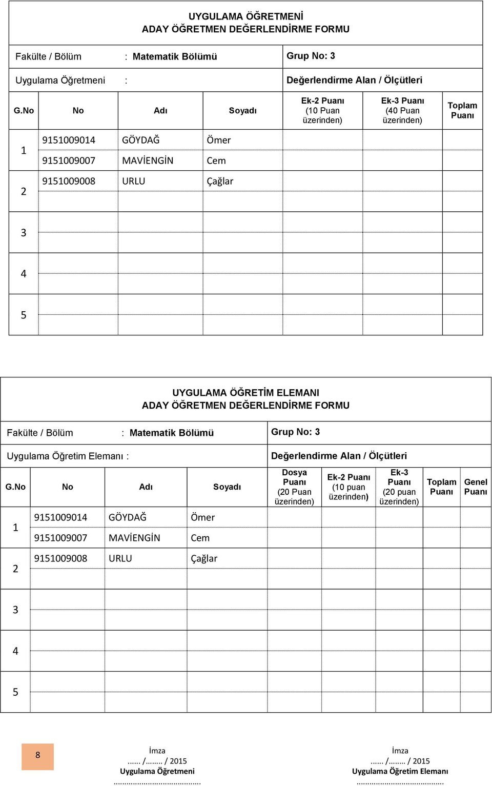 Matematik Bölümü Grup No: Uygulama Öğretim Elemanı : Değerlendirme Alan / Ölçütleri 90090 GÖYDAĞ Ömer 9009007