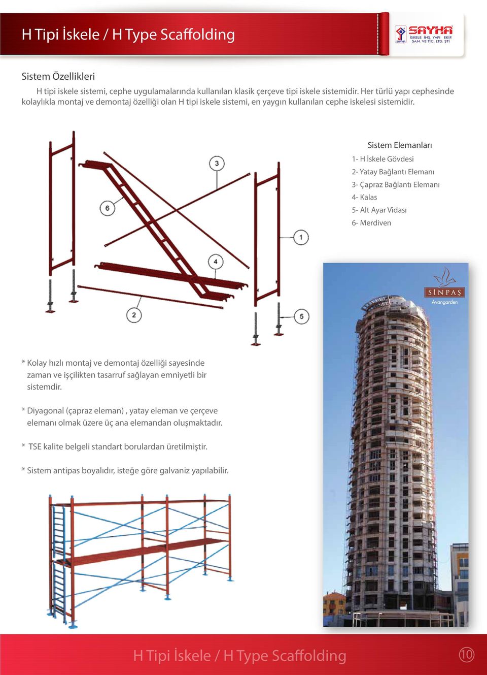 Sistem Elemanları 1- H İskele Gövdesi 2- Yatay Bağlantı Elemanı 3- Çapraz Bağlantı Elemanı 4- Kalas 5- Alt Ayar Vidası 6- Merdiven * Kolay hızlı montaj ve demontaj özelliği sayesinde zaman ve
