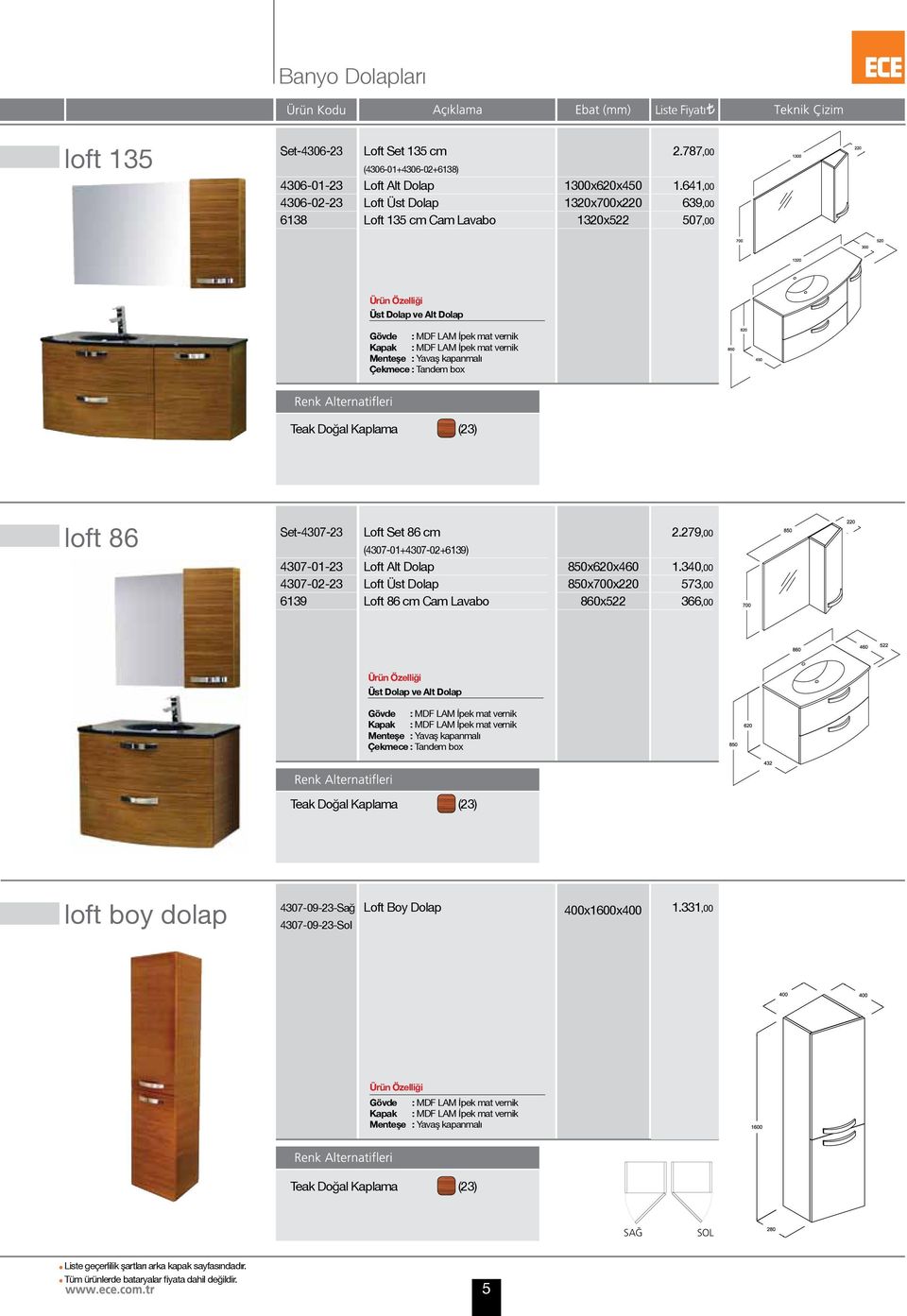 (4307-01+4307-02+6139) Loft Alt Dolap Loft Üst Dolap Loft 86 cm Cam Lavabo 850x620x460 850x700x220 860x522 2.279,00 1.