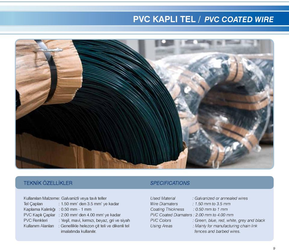 00 mm' ye kadar PVC Renkleri : Yeşil, mavi, kırmızı, beyaz, gri ve siyah Kullanım Alanları : Genellikle helezon çit teli ve dikenli tel imalatında kullanılır.