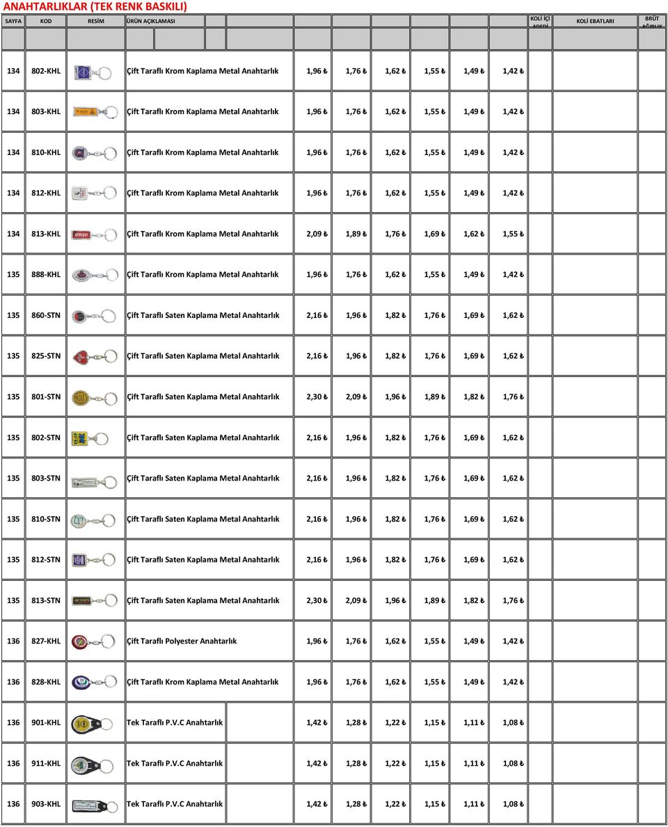 813-KHL Çift Taraflı Krom Kaplama Metal Anahtarlık 2,09 1,89 1,76 1,69 1,62 1,55 135 888-KHL Çift Taraflı Krom Kaplama Metal Anahtarlık 1,96 1,76 1,62 1,55 1,49 1,42 135 860-STN Çift Taraflı Saten