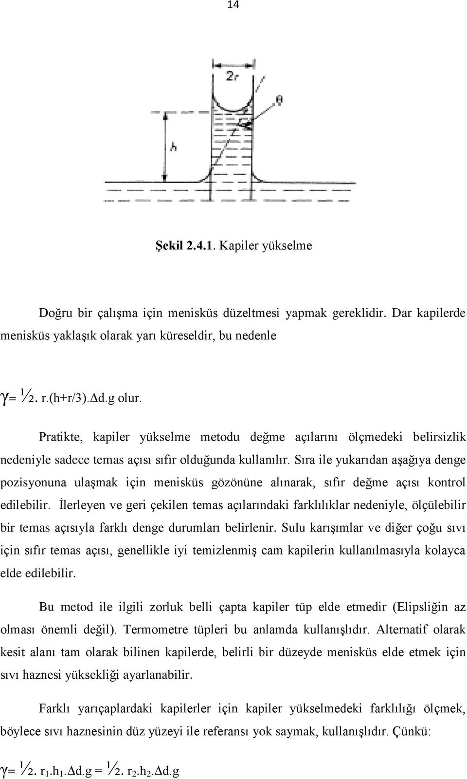 Sıra ile yukarıdan aşağıya denge pozisyonuna ulaşmak için menisküs gözönüne alınarak, sıfır değme açısı kontrol edilebilir.