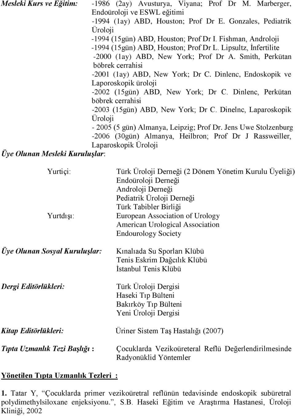 Smith, Perkütan böbrek cerrahisi -2001 (1ay) ABD, New York; Dr C. Dinlenc, Endoskopik ve Laporoskopik üroloji -2002 (15gün) ABD, New York; Dr C.