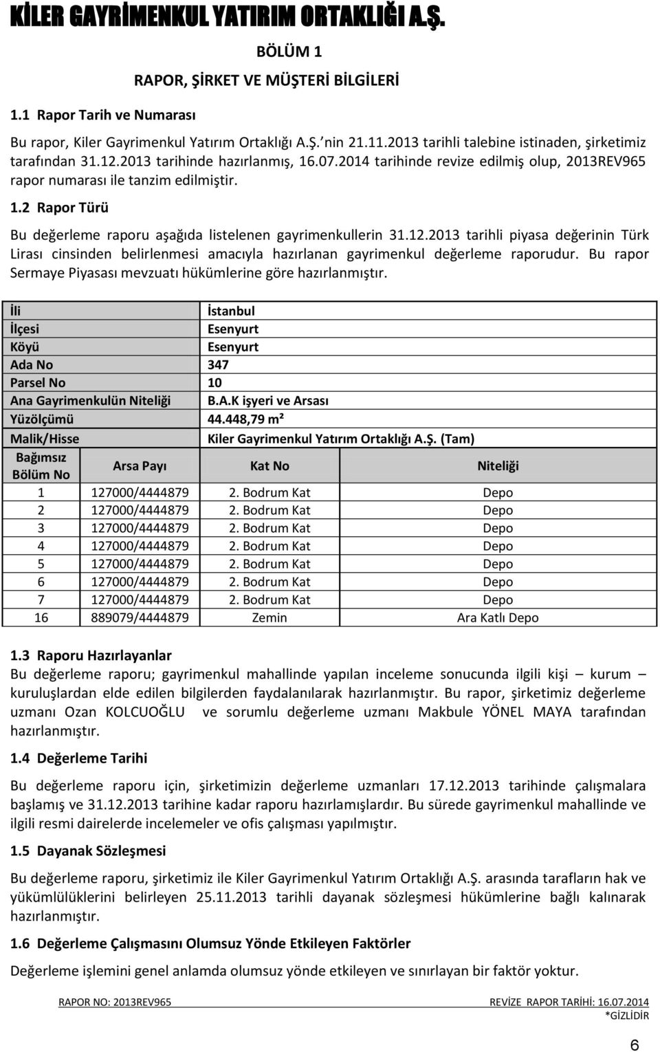 2013 tarihli piyasa değerinin Türk Lirası cinsinden belirlenmesi amacıyla hazırlanan gayrimenkul değerleme raporudur. Bu rapor Sermaye Piyasası mevzuatı hükümlerine göre hazırlanmıştır.