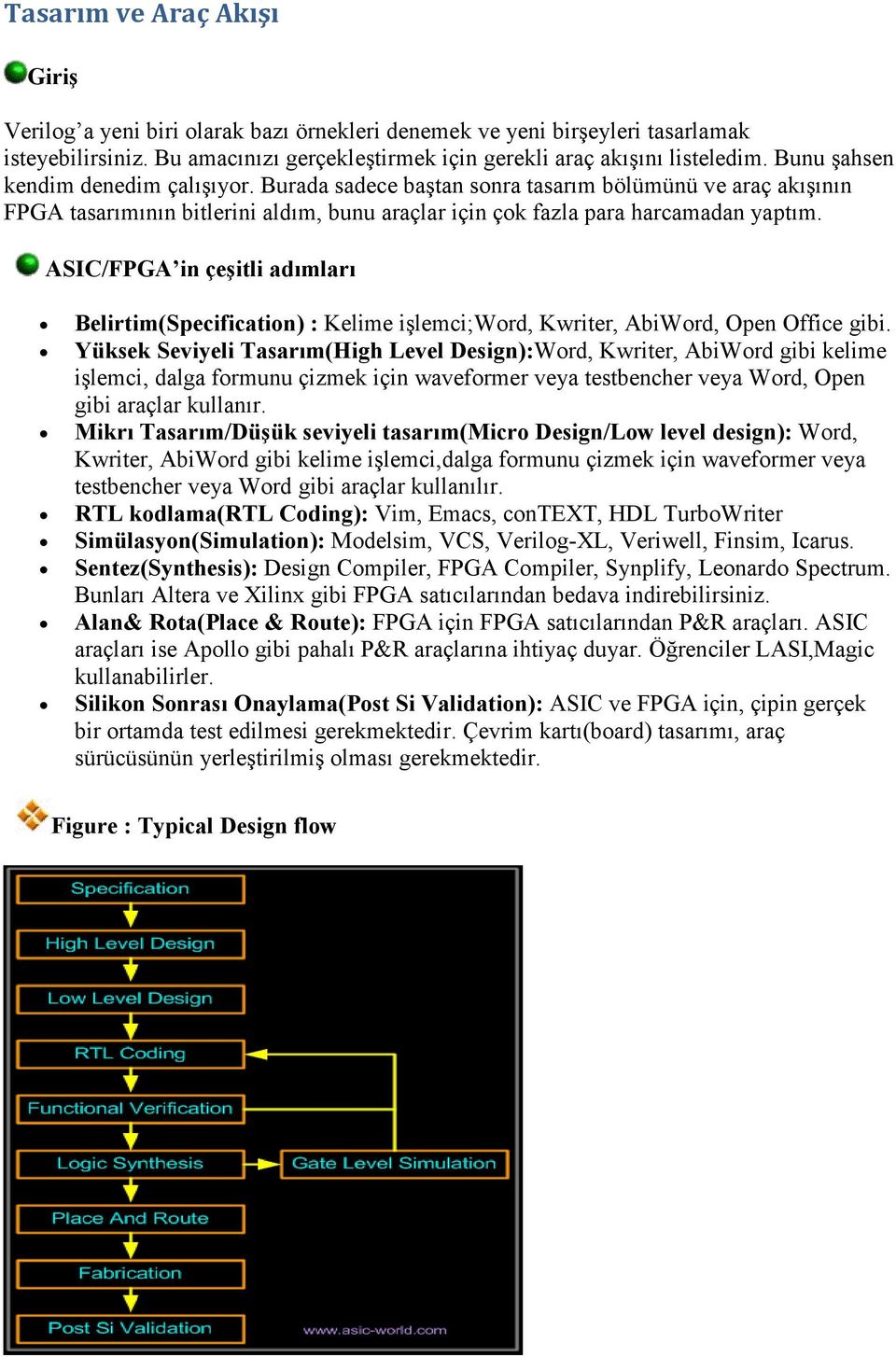 ASIC/FPGA in çeşitli adımları Belirtim(Specification) : Kelime işlemci;word, Kwriter, AbiWord, Open Office gibi.