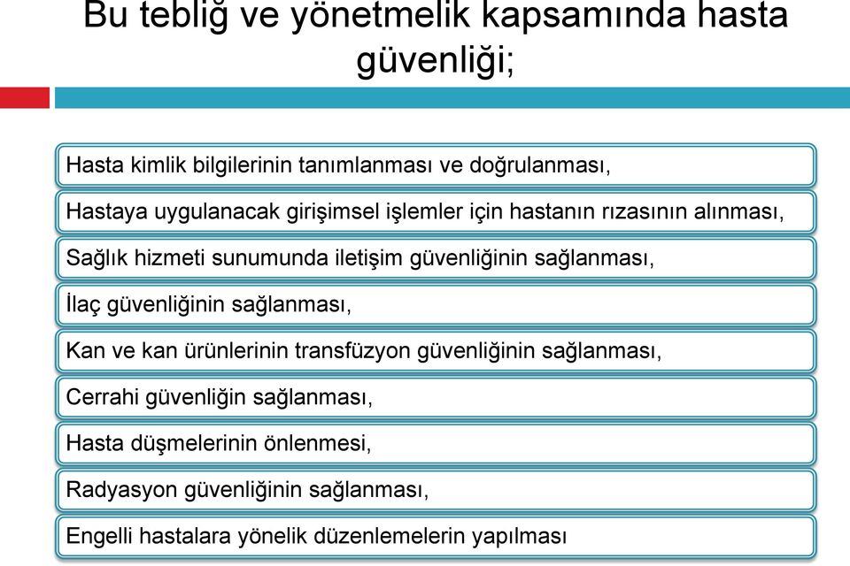 sağlanması, İlaç güvenliğinin sağlanması, Kan ve kan ürünlerinin transfüzyon güvenliğinin sağlanması, Cerrahi