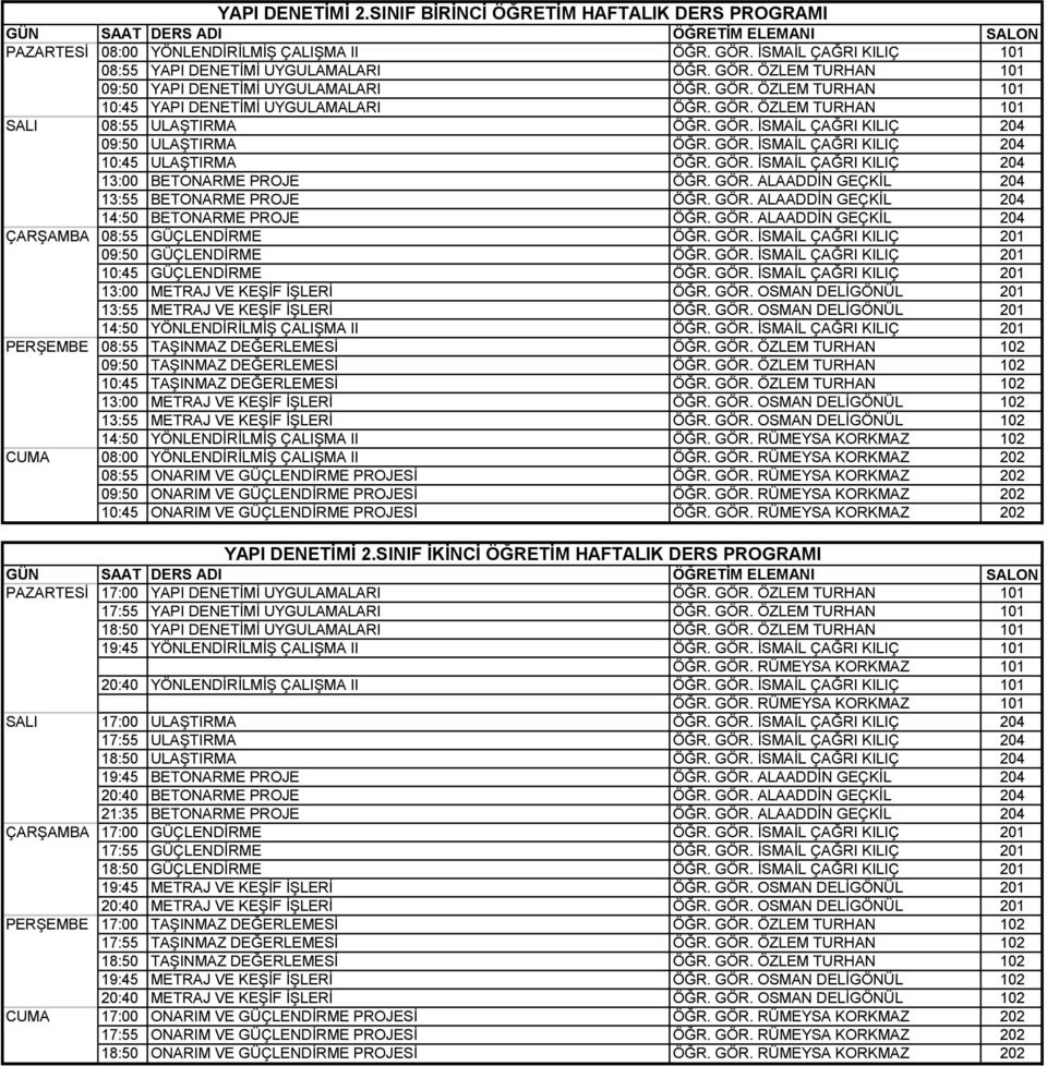 GÖR. İSMAİL ÇAĞRI KILIÇ 204 13:00 BETONARME PROJE ÖĞR. GÖR. ALAADDİN GEÇKİL 204 13:55 BETONARME PROJE ÖĞR. GÖR. ALAADDİN GEÇKİL 204 14:50 BETONARME PROJE ÖĞR. GÖR. ALAADDİN GEÇKİL 204 ÇARŞAMBA 08:55 GÜÇLENDİRME ÖĞR.