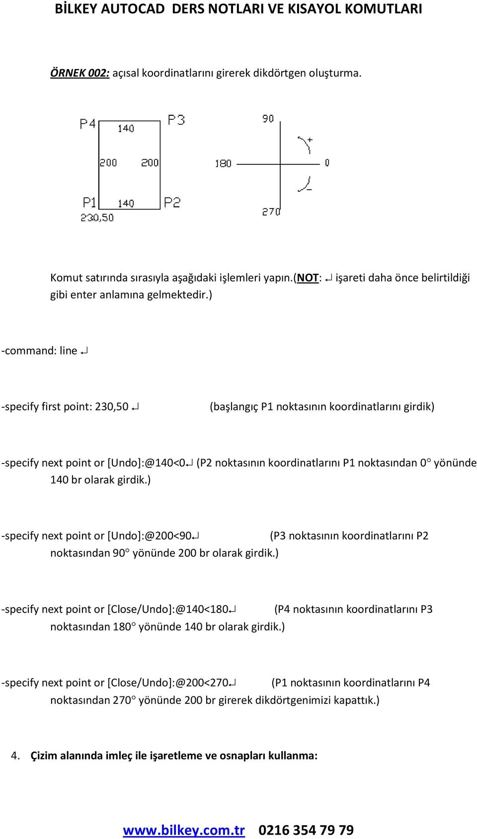 olarak girdik.) -specify next point or [Undo]:@200<90 noktasından 90 yönünde 200 br olarak girdik.