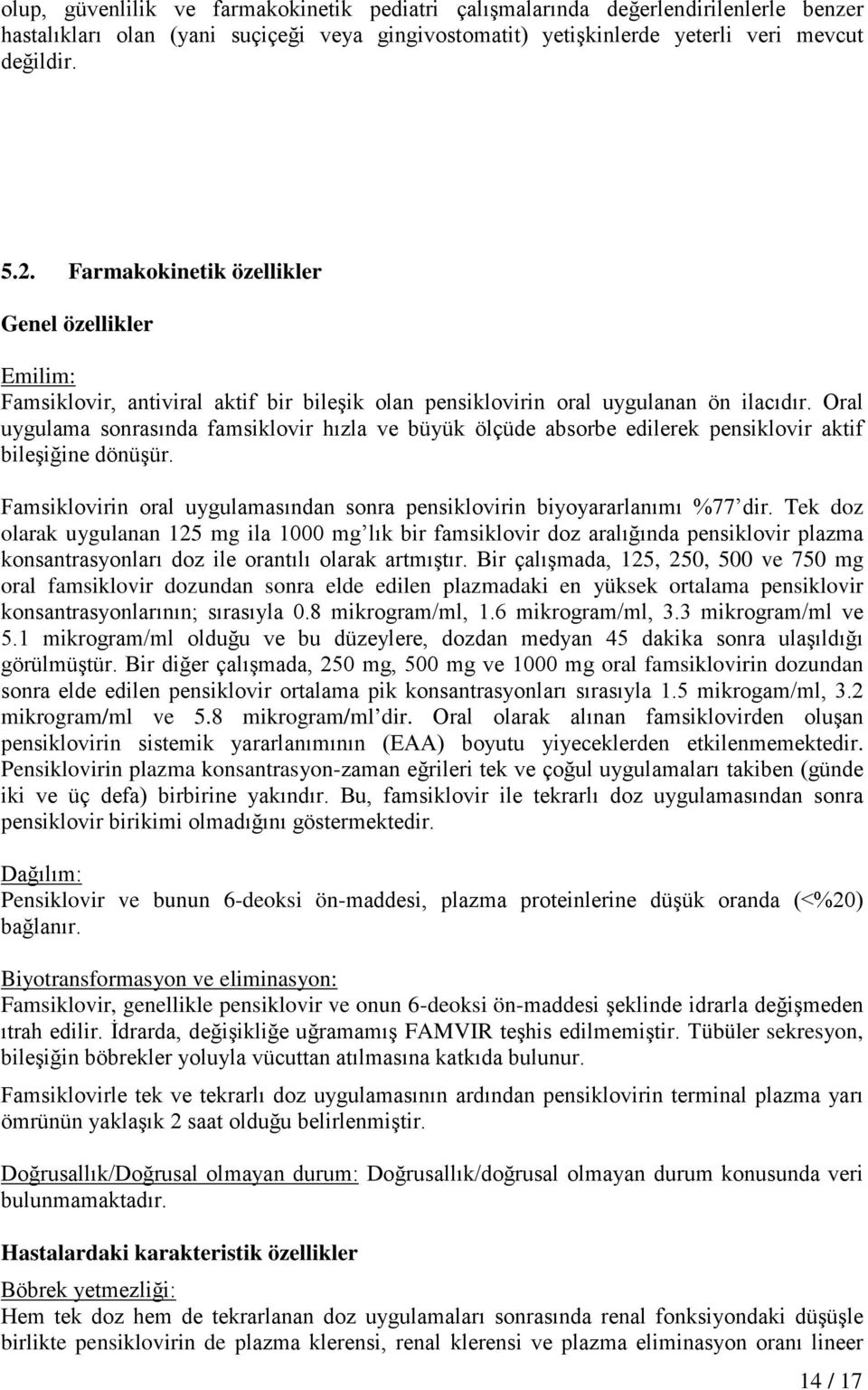 Oral uygulama sonrasında famsiklovir hızla ve büyük ölçüde absorbe edilerek pensiklovir aktif bileşiğine dönüşür. Famsiklovirin oral uygulamasından sonra pensiklovirin biyoyararlanımı %77 dir.