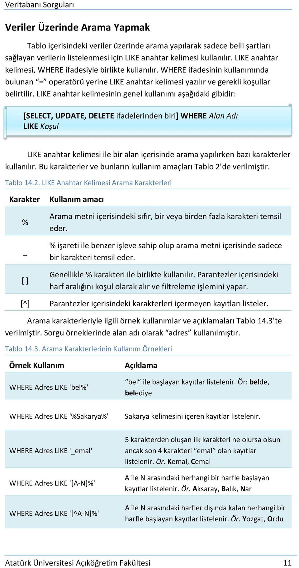 LIKE anahtar kelimesinin genel kullanımı aşağıdaki gibidir: [SELECT, UPDATE, DELETE ifadelerinden biri] WHERE Alan Adı LIKE Koşul LIKE anahtar kelimesi ile bir alan içerisinde arama yapılırken bazı