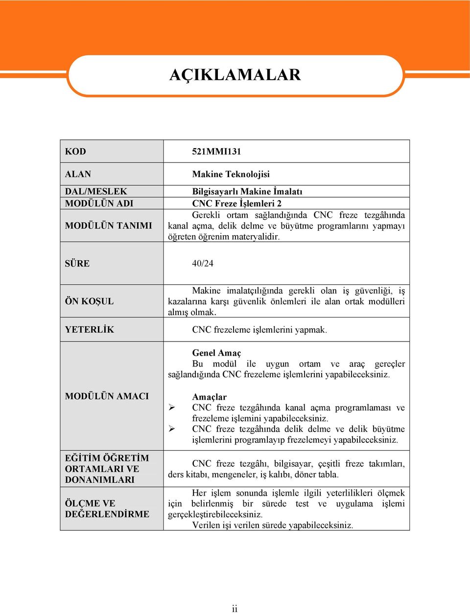 SÜRE 40/24 ÖN KOŞUL YETERLİK Makine imalatçılığında gerekli olan iş güvenliği, iş kazalarına karşı güvenlik önlemleri ile alan ortak modülleri almış olmak. CNC frezeleme işlemlerini yapmak.