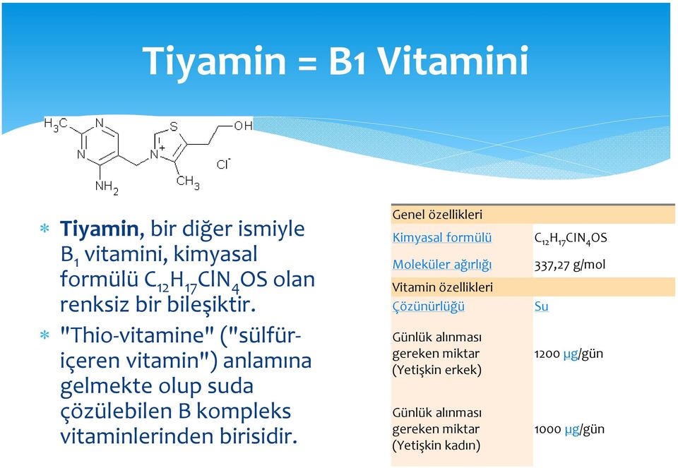"Thio-vitamine" ("sülfüriçeren vitamin") anlamına gelmekte olup suda çözülebilen B kompleks vitaminlerinden birisidir.