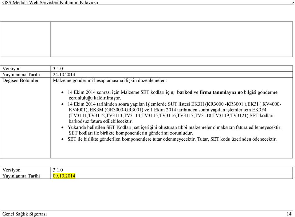 14 Ekim 2014 tarihinden sonra yapılan işlemlerde SUT listesi EK3H (KR3000 -KR3001 ),EK3I ( KV4000- KV4001), EK3M (GR3000-GR3001) ve 1 Ekim 2014 tarihinden sonra yapılan işlemler için EK3F4