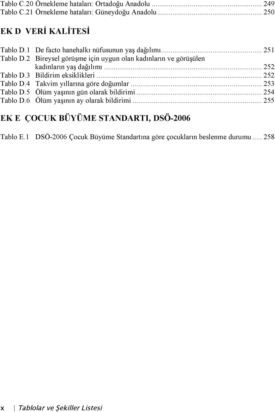 3 Bildirim eksiklikleri... 252 Tablo D.4 Takvim yıllarına göre doğumlar... 253 Tablo D.5 Ölüm yaşının gün olarak bildirimi... 254 Tablo D.