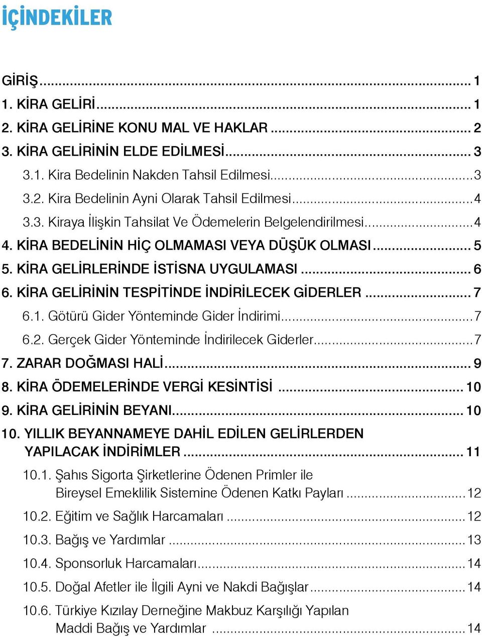 KİRA GELİRİNİN TESPİTİNDE İNDİRİLECEK GİDERLER... 7 6.1. Götürü Gider Yönteminde Gider İndirimi...7 6.2. Gerçek Gider Yönteminde İndirilecek Giderler...7 7. ZARAR DOĞMASI HALİ... 9 8.