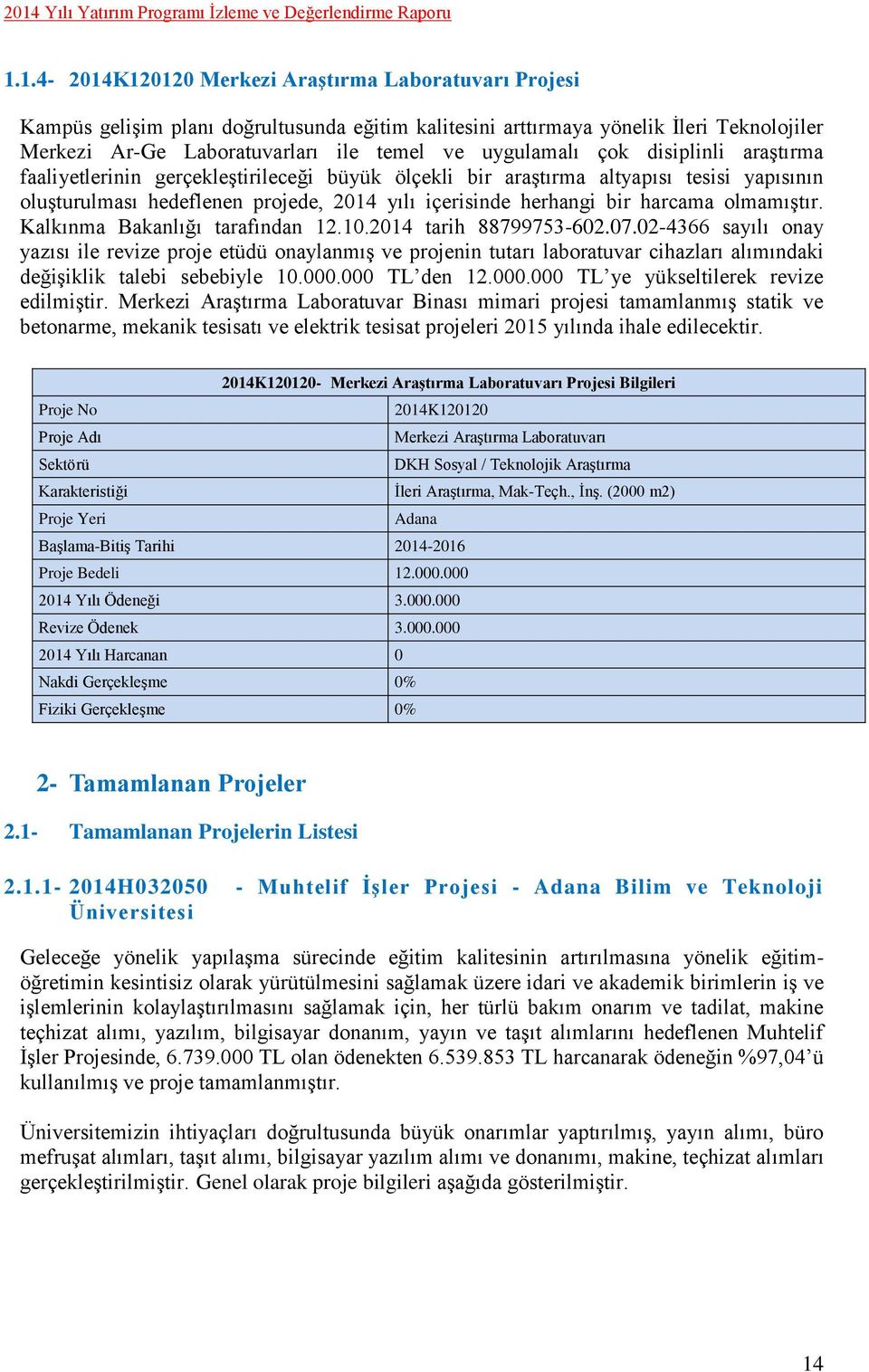 harcama olmamıştır. Kalkınma Bakanlığı tarafından 12.10.2014 tarih 88799753-602.07.