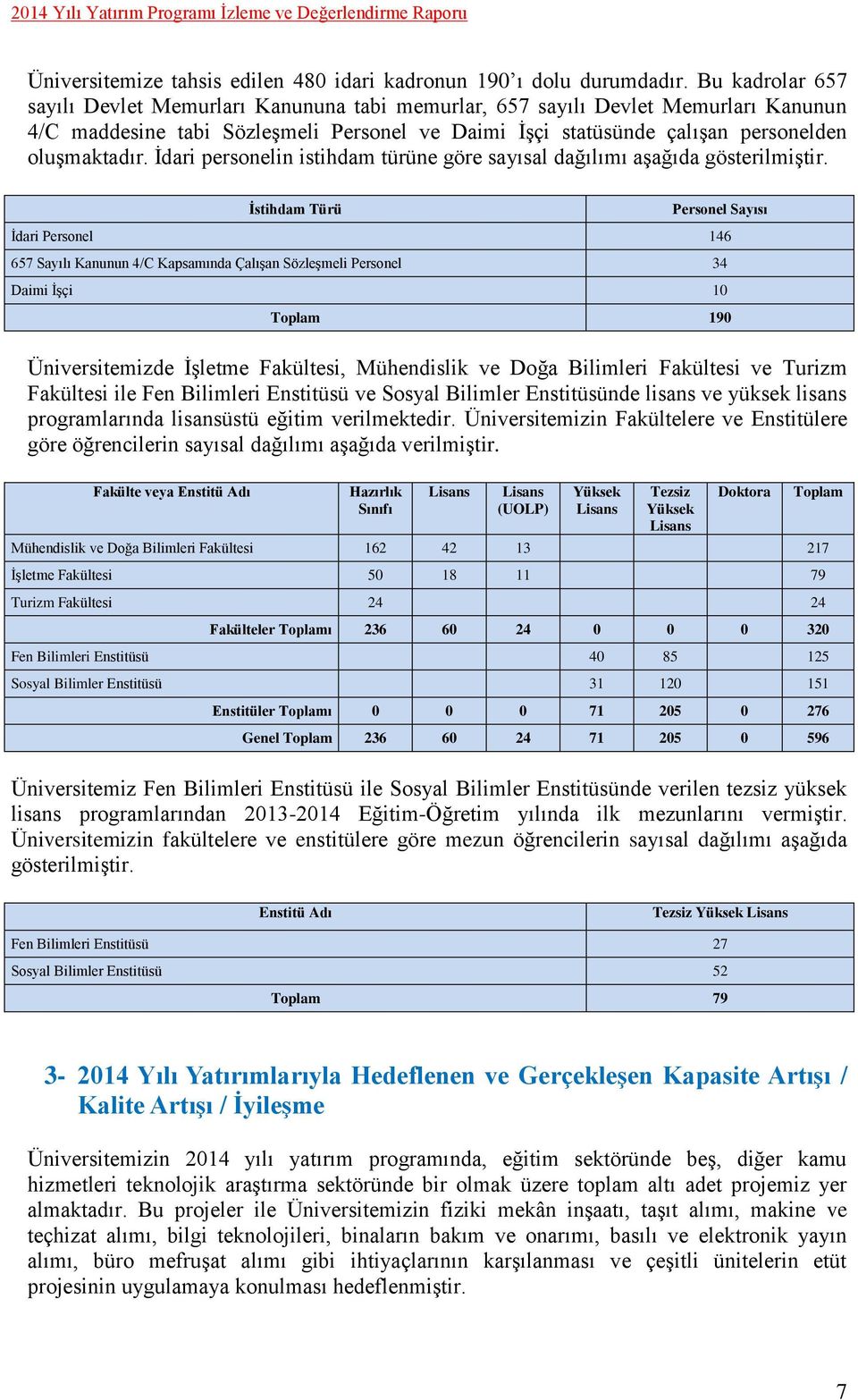 İdari personelin istihdam türüne göre sayısal dağılımı aşağıda gösterilmiştir.