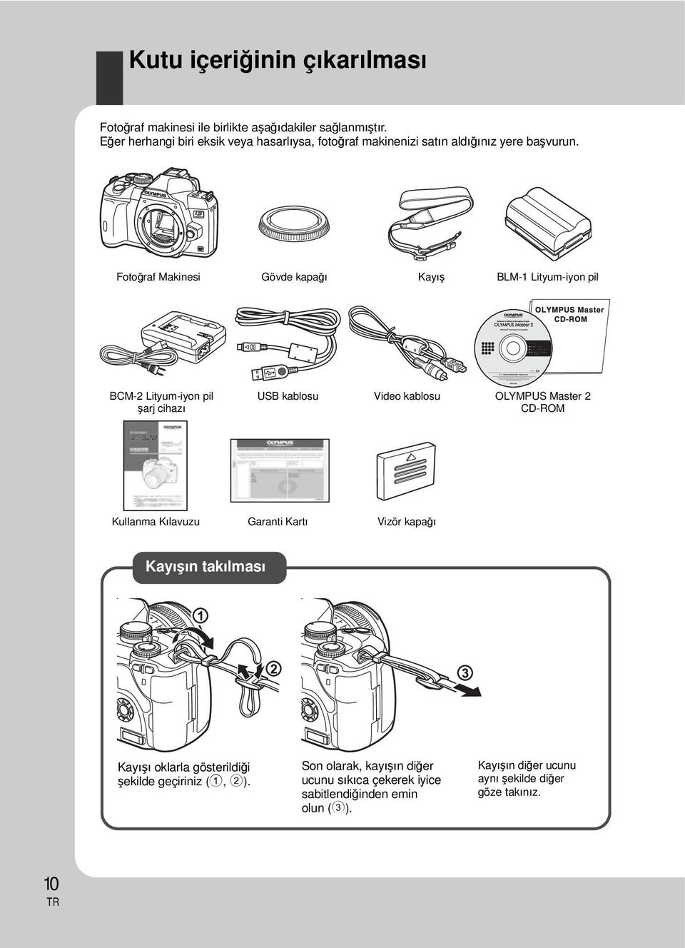 Fotoğraf Makinesi Gövde kapağı Kayış BLM-1 Lityum-iyon pil BCM-2 Lityum-iyon pil şarj cihazı USB kablosu Video kablosu OLYMPUS Master 2 CD-ROM