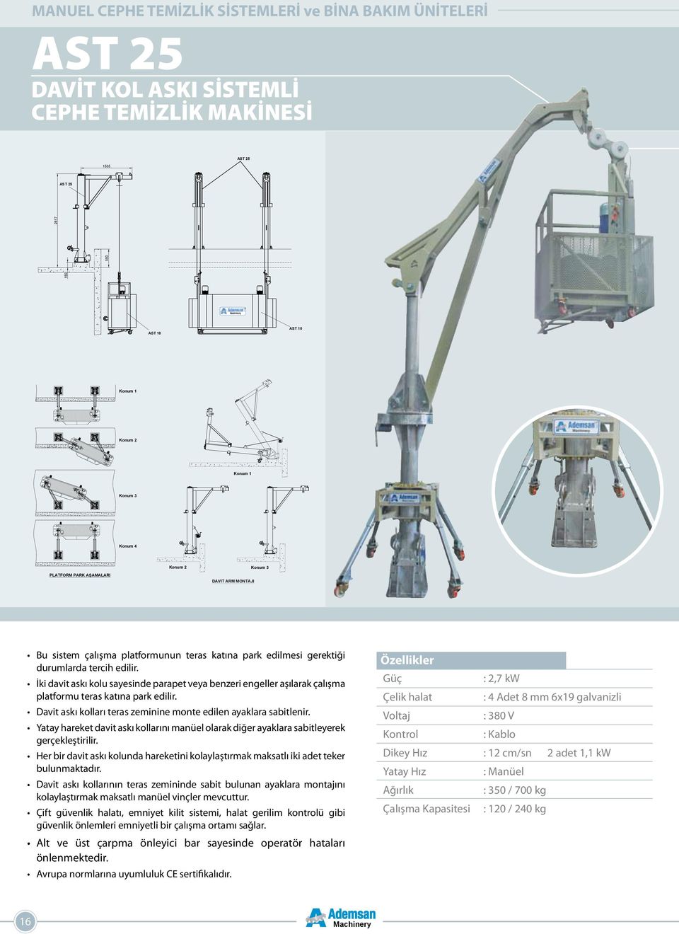 İki davit askı kolu sayesinde parapet veya benzeri engeller aşılarak çalışma platformu teras katına park edilir. Davit askı kolları teras zeminine monte edilen ayaklara sabitlenir.