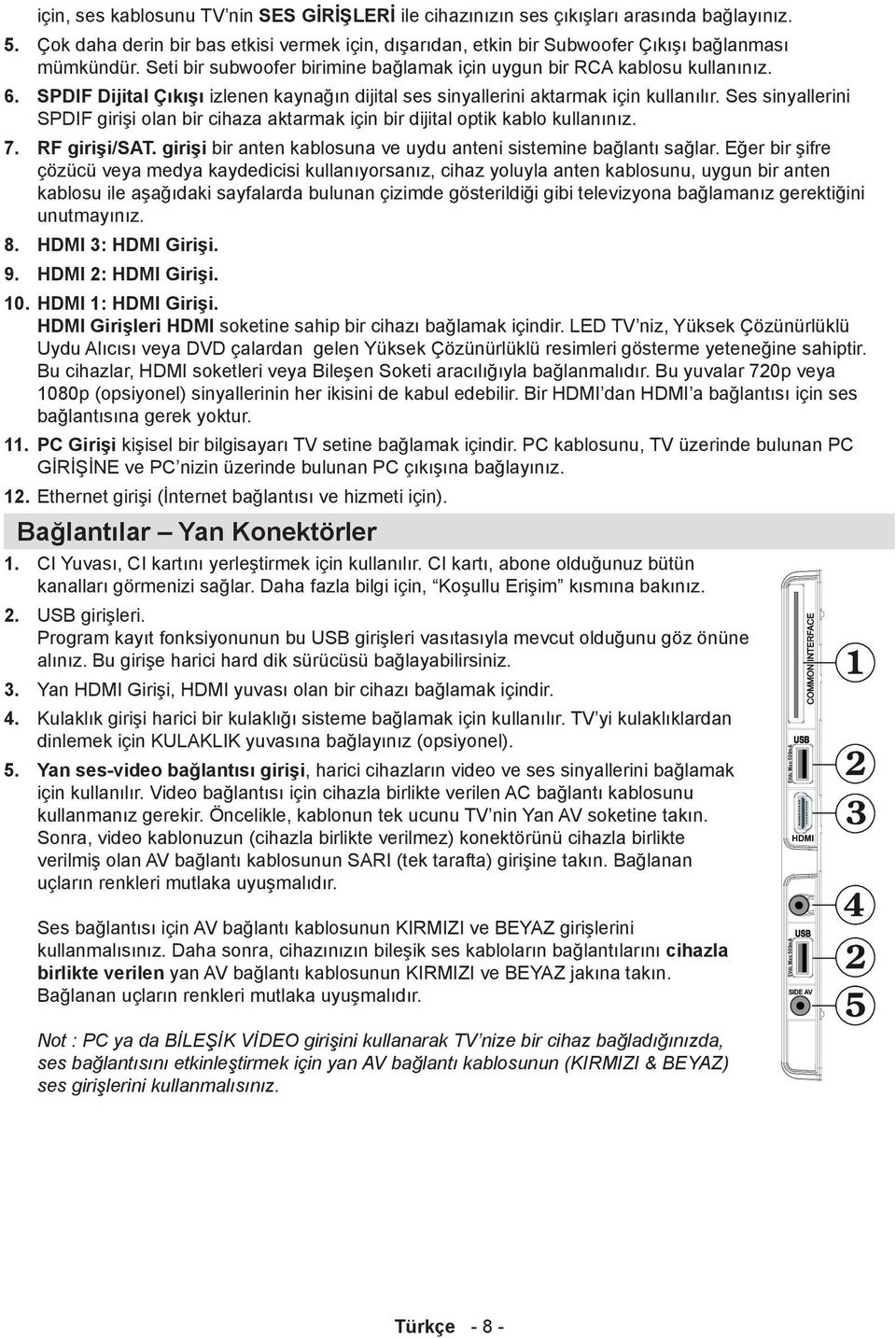 Ses sinyallerini SPDIF girişi olan bir cihaza aktarmak için bir dijital optik kablo kullanınız. 7. RF girişi/sat. girişi bir anten kablosuna ve uydu anteni sistemine bağlantı sağlar.