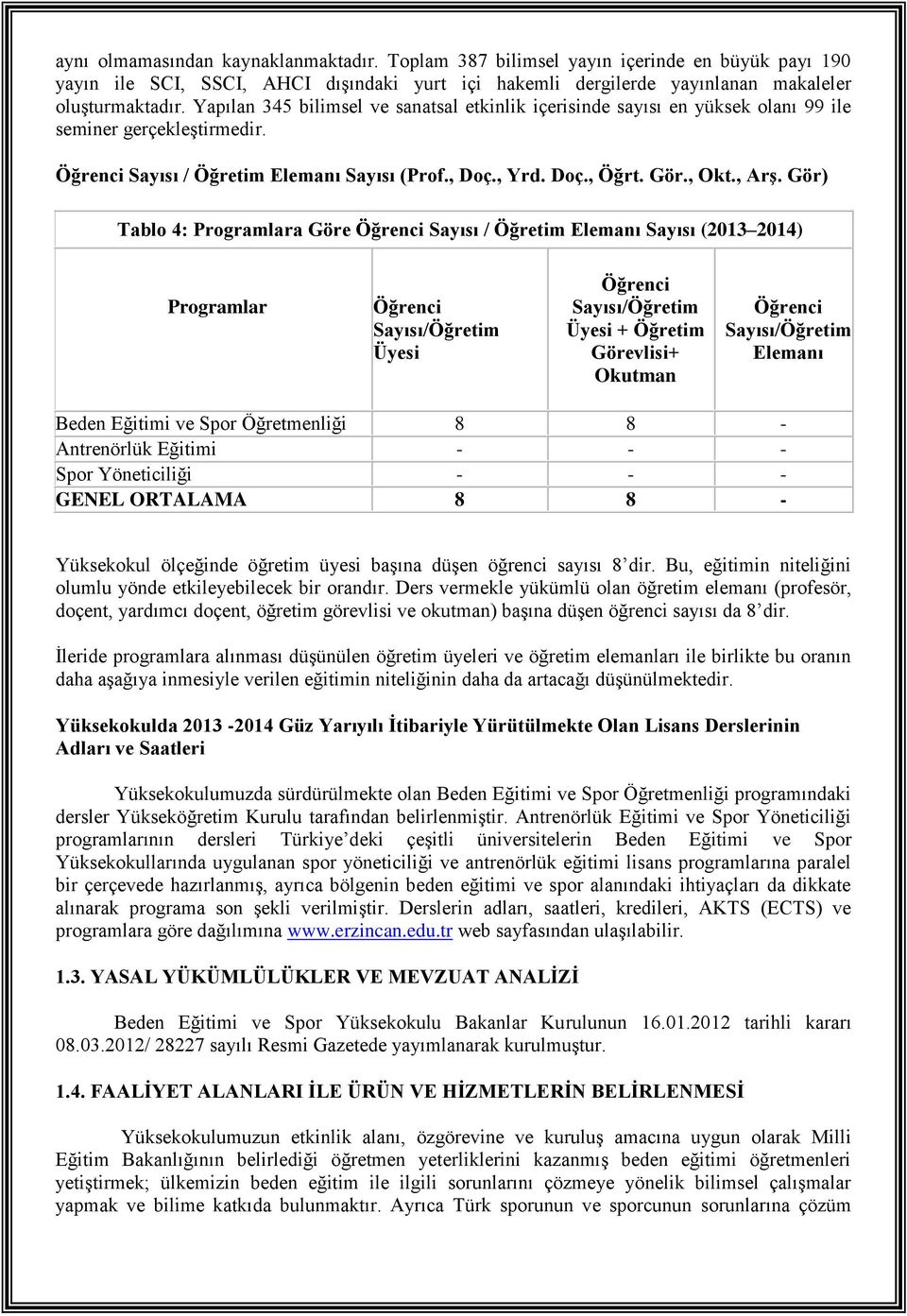 Gör) Tablo 4: Programlara Göre Öğrenci Sayısı / Öğretim Elemanı Sayısı (2013 2014) Programlar Öğrenci Sayısı/Öğretim Üyesi Öğrenci Sayısı/Öğretim Üyesi + Öğretim Görevlisi+ Okutman Öğrenci