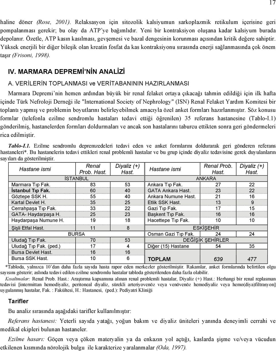 Yüksek enerjili bir diğer bileşik olan kreatin fosfat da kas kontraksiyonu sırasında enerji sağlanmasında çok önem taşır (Frisoni, 1998). IV. MARMARA DEPREMİ NİN ANALİZİ A.