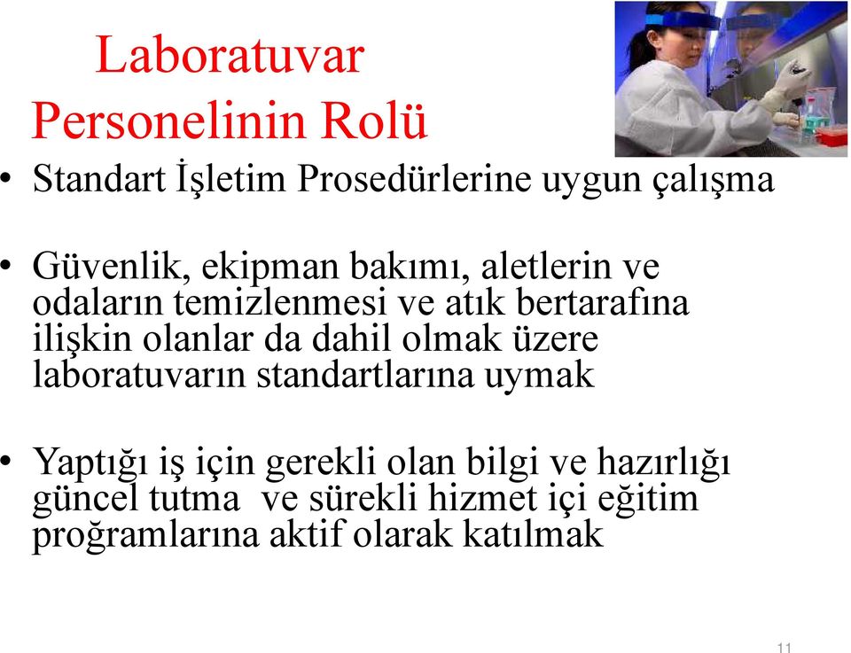 dahil olmak üzere laboratuvarın standartlarına uymak Yaptığı iş için gerekli olan bilgi