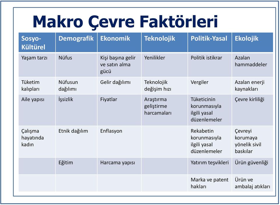 Vergiler Tüketicinin korunmasıyla ilgili yasal düzenlemeler Azalan enerji kaynakları Çevre kirliliği Çalışma hayatında kadın Etnik dağılım Enflasyon Rekabetin