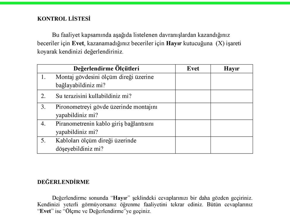 Pironometreyi gövde üzerinde montajını yapabildiniz mi? 4. Piranometrenin kablo giriş bağlantısını yapabildiniz mi? 5. Kabloları ölçüm direği üzerinde döşeyebildiniz mi?