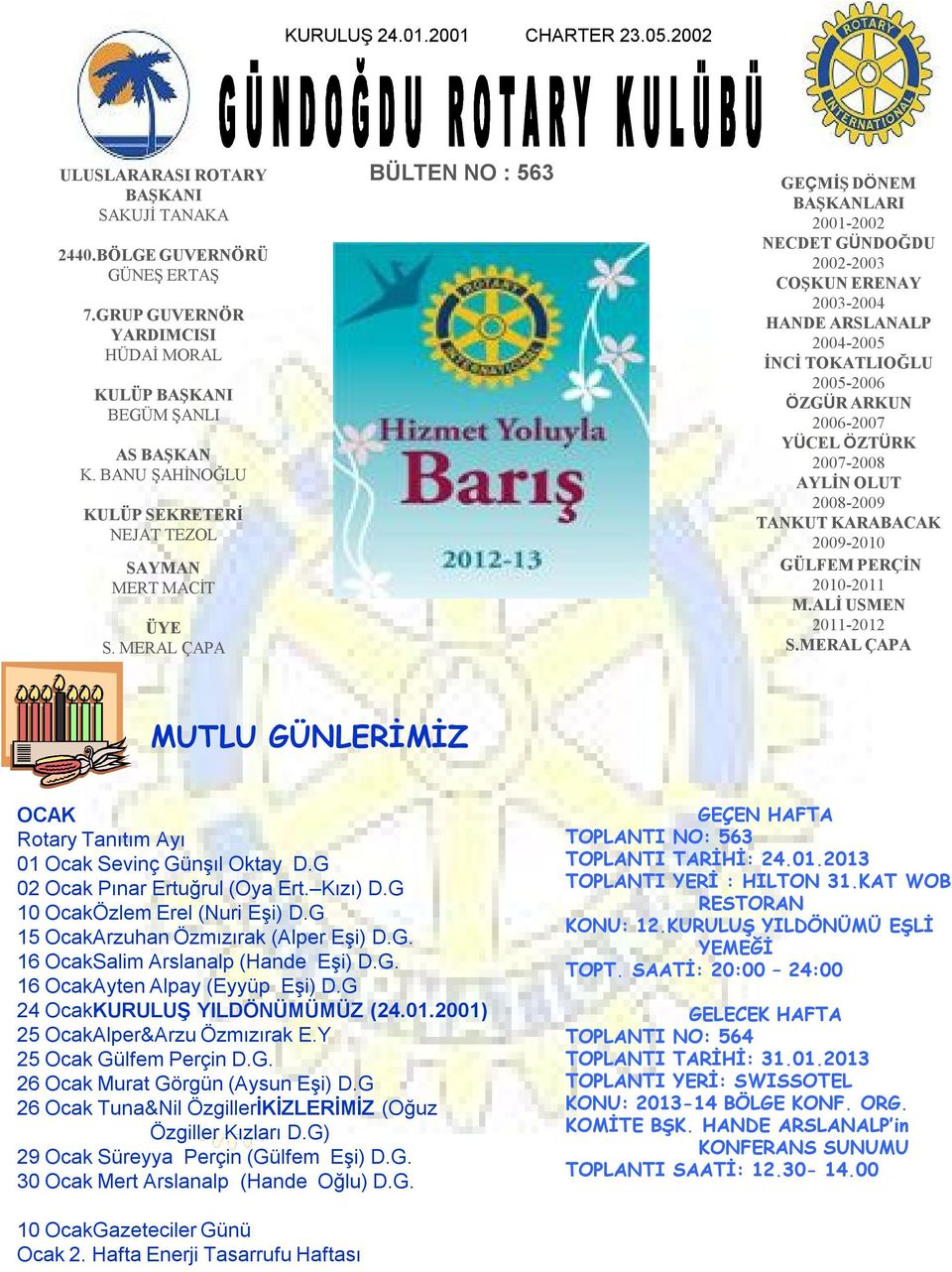 MERAL ÇAPA BÜLTEN NO : 563 GEÇMİŞ DÖNEM BAŞKANLARI 2001-2002 NECDET GÜNDOĞDU 2002-2003 COŞKUN ERENAY 2003-2004 HANDE ARSLANALP 2004-2005 İNCİ TOKATLIOĞLU 2005-2006 ÖZGÜR ARKUN 2006-2007 YÜCEL ÖZTÜRK