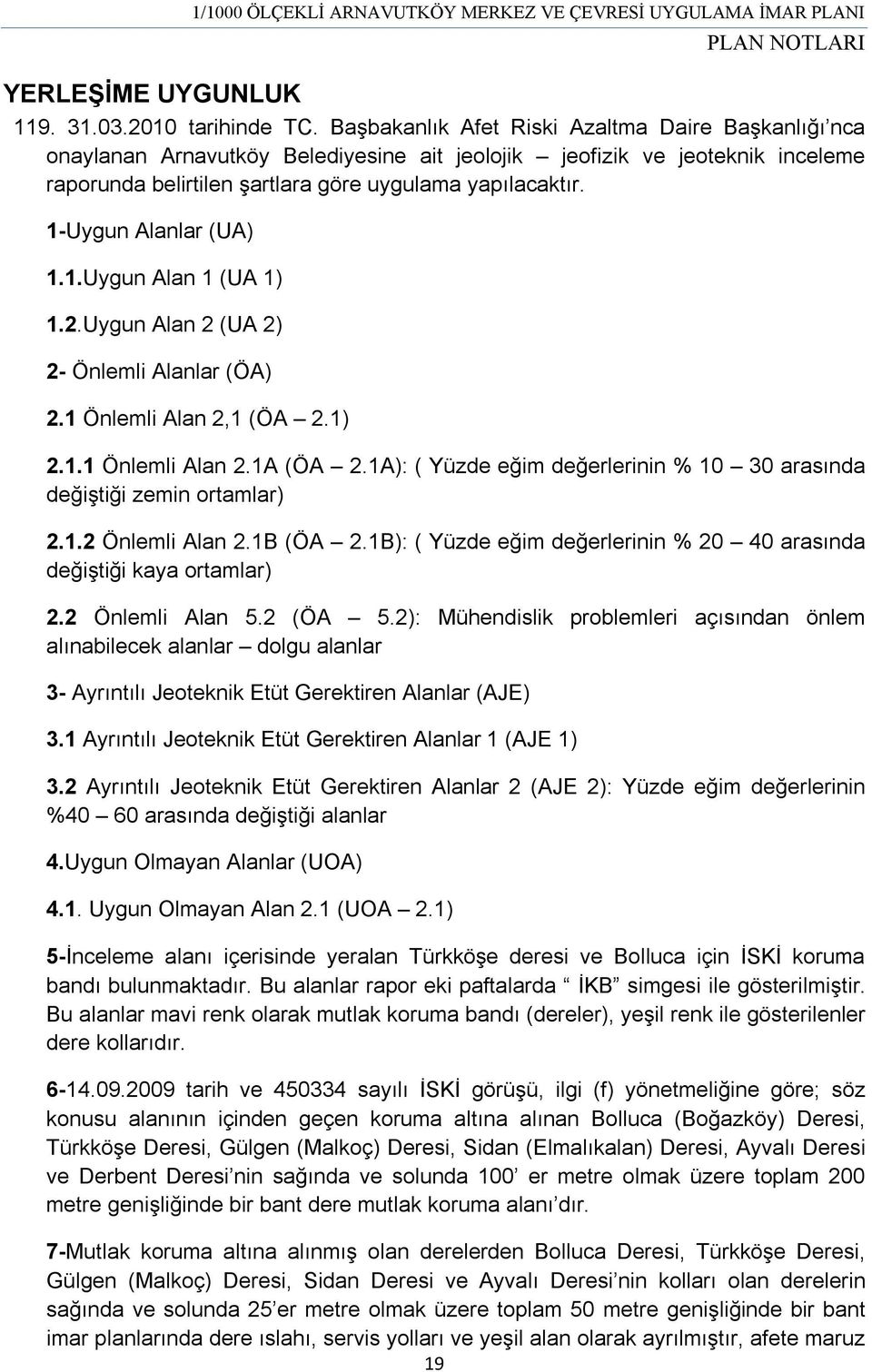 1-Uygun Alanlar (UA) 1.1.Uygun Alan 1 (UA 1) 1.2.Uygun Alan 2 (UA 2) 2- Önlemli Alanlar (ÖA) 2.1 Önlemli Alan 2,1 (ÖA 2.1) 2.1.1 Önlemli Alan 2.1A (ÖA 2.