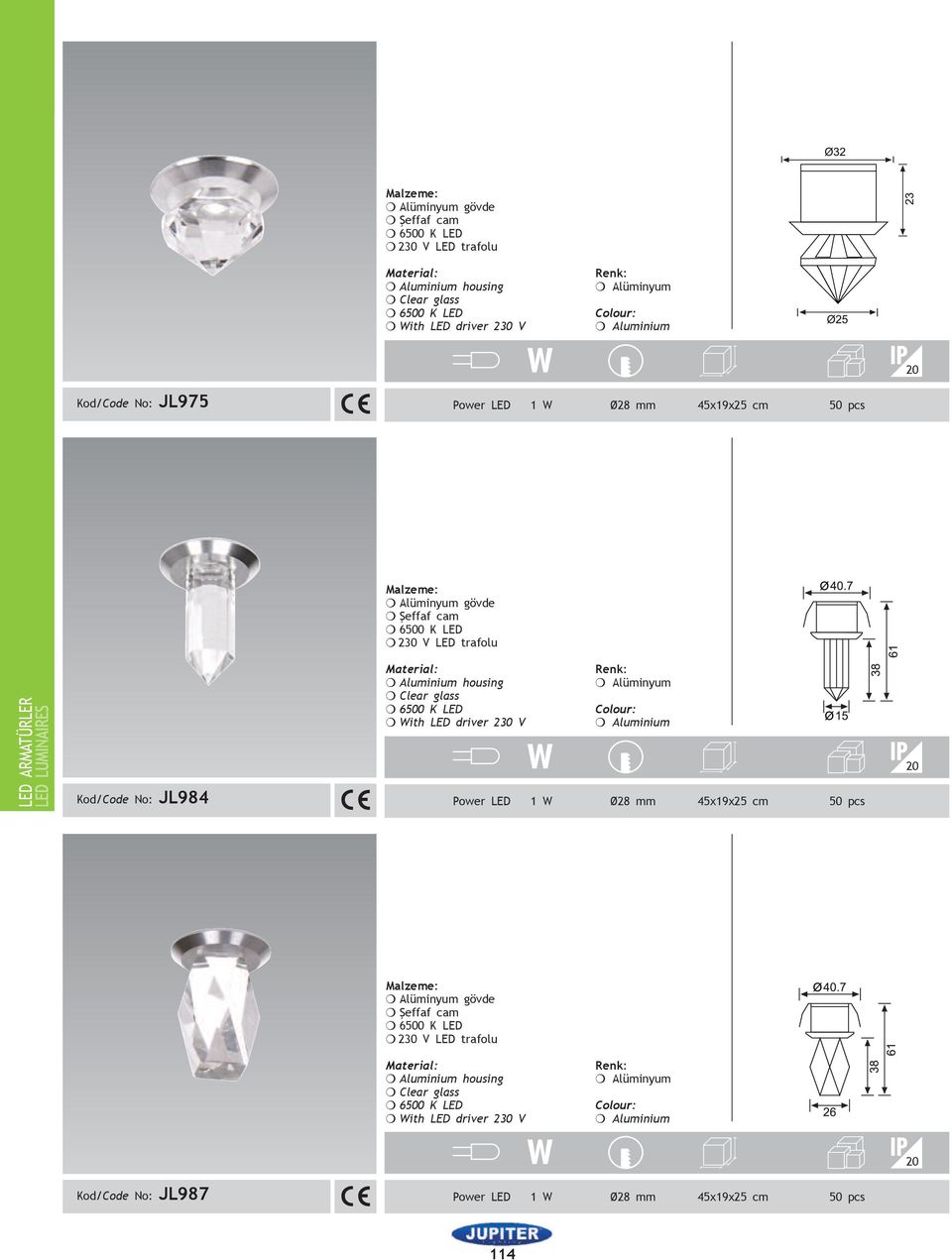 m Aluminium Power LED 1 W Ø28 mm 45x19x25 cm 50 pcs m Şeffaf cam m Clear glass m