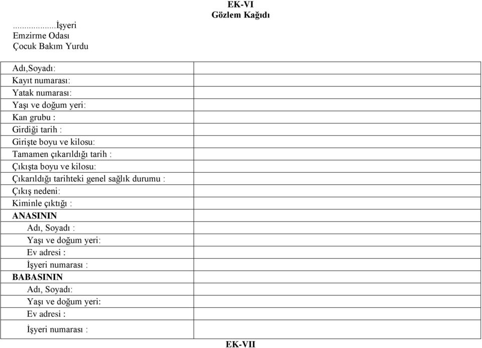 tarihteki genel sağlık durumu : Çıkış nedeni: Kiminle çıktığı : ANASININ Adı, Soyadı : Yaşı ve doğum yeri: Ev