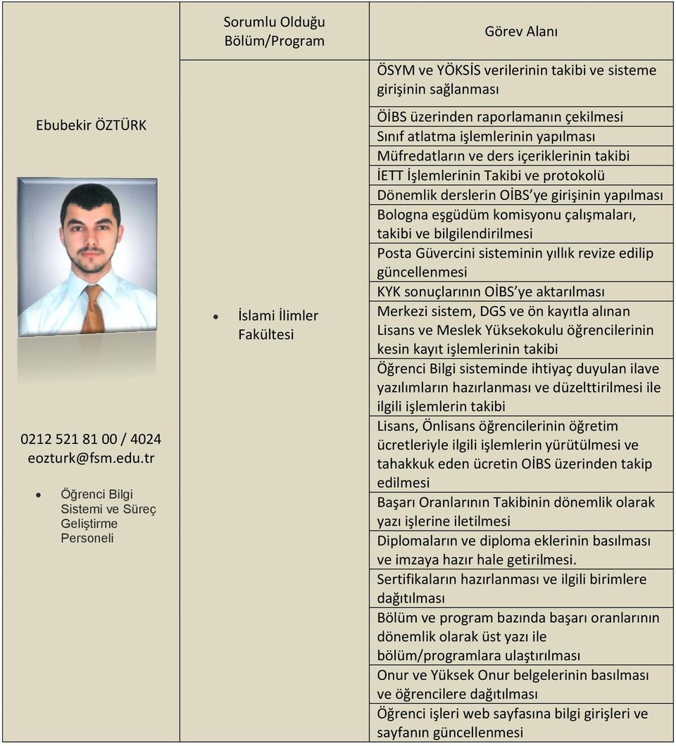 İşlemlerinin Takibi ve protokolü Dönemlik derslerin OİBS ye girişinin yapılması Bologna eşgüdüm komisyonu çalışmaları, ve bilgilendirilmesi Posta Güvercini sisteminin yıllık revize edilip