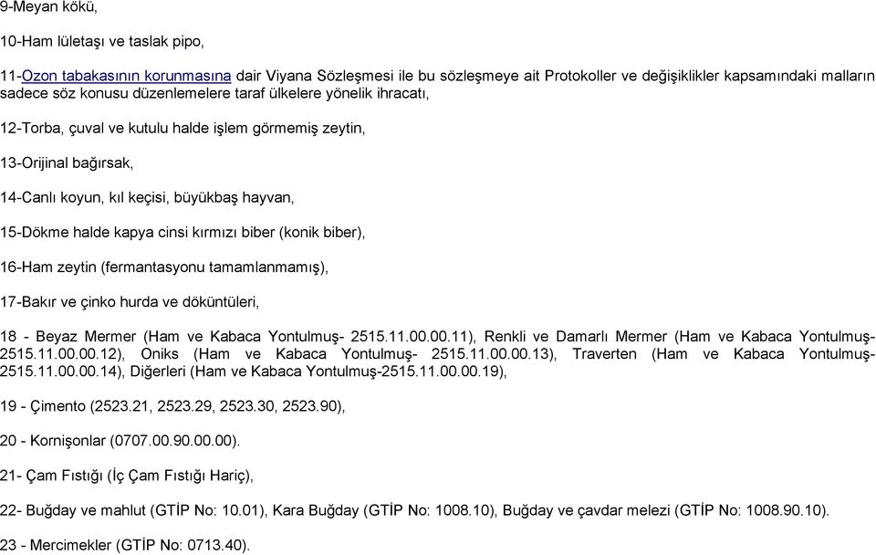 kırmızı biber (konik biber), 16-Ham zeytin (fermantasyonu tamamlanmamış), 17-Bakır ve çinko hurda ve döküntüleri, 18 - Beyaz Mermer (Ham ve Kabaca Yontulmuş- 2515.11.00.