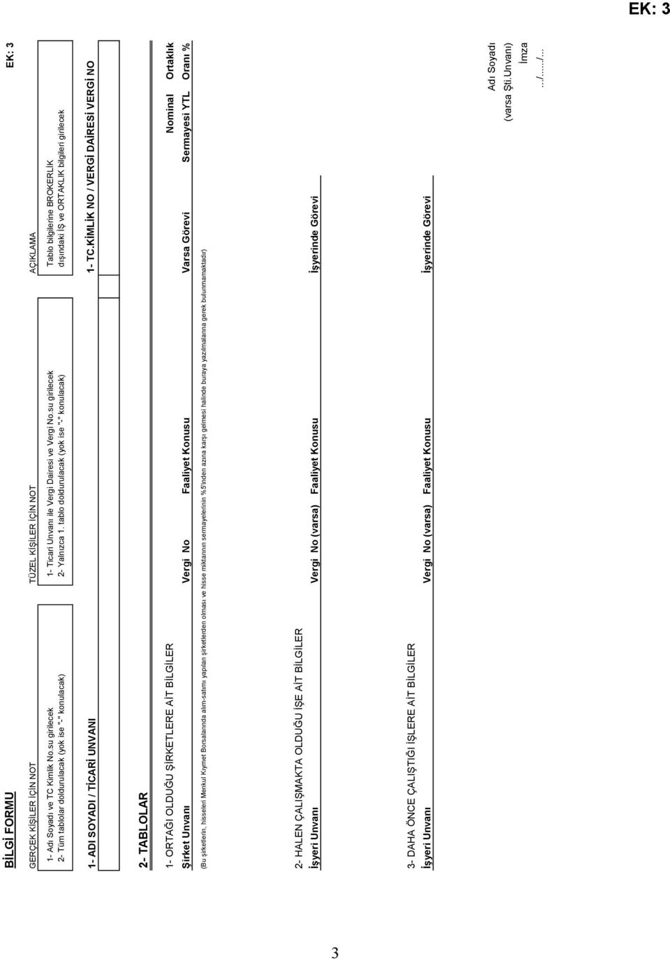 tablo doldurulacak (yok ise "-" konulacak) dışındaki İŞ ve ORTAKLIK bilgileri girilecek 1- ADI SOYADI / TİCARİ UNVANI 1- TC.