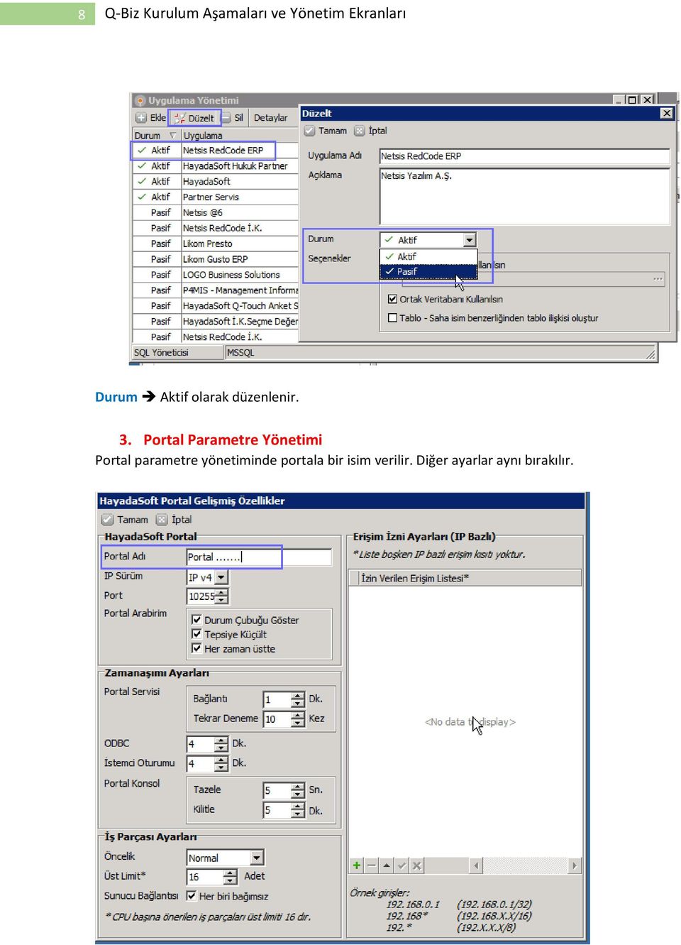 parametre yönetiminde portala bir