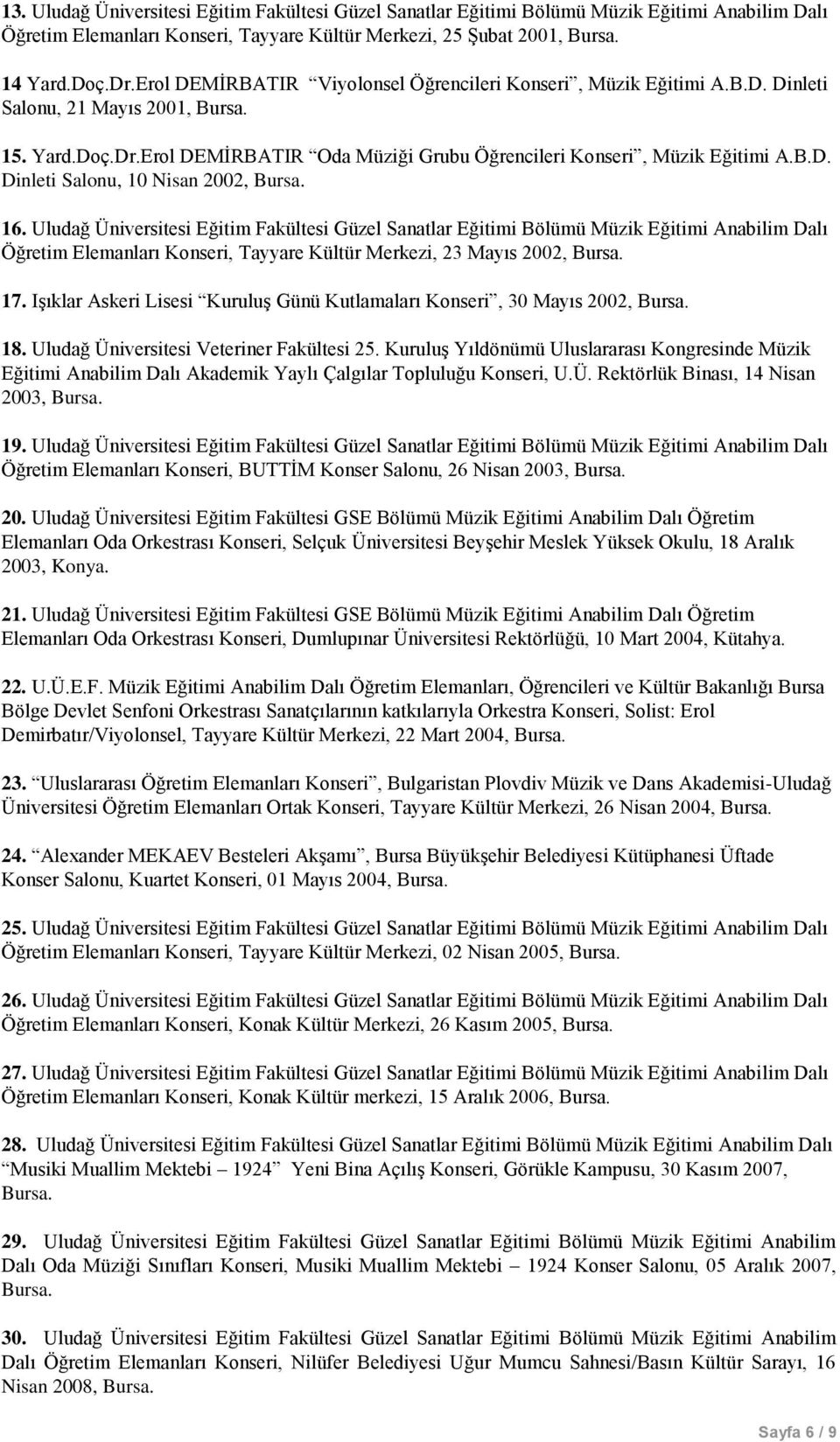 16. Uludağ Üniversitesi Eğitim Fakültesi Güzel Sanatlar Eğitimi Bölümü Müzik Eğitimi Anabilim Dalı Öğretim Elemanları Konseri, Tayyare Kültür Merkezi, 23 Mayıs 2002, Bursa. 17.