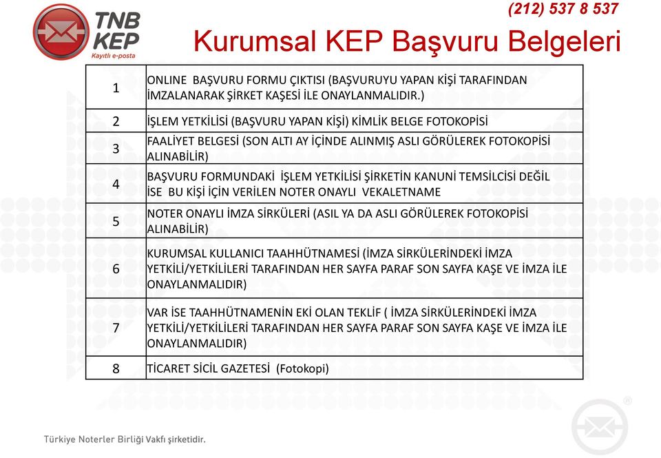 KANUNİ TEMSİLCİSİ DEĞİL İSE BU KİŞİ İÇİN VERİLEN NOTER ONAYLI VEKALETNAME 5 6 7 NOTER ONAYLI İMZA SİRKÜLERİ (ASIL YA DA ASLI GÖRÜLEREK FOTOKOPİSİ ALINABİLİR) KURUMSAL KULLANICI TAAHHÜTNAMESİ (İMZA