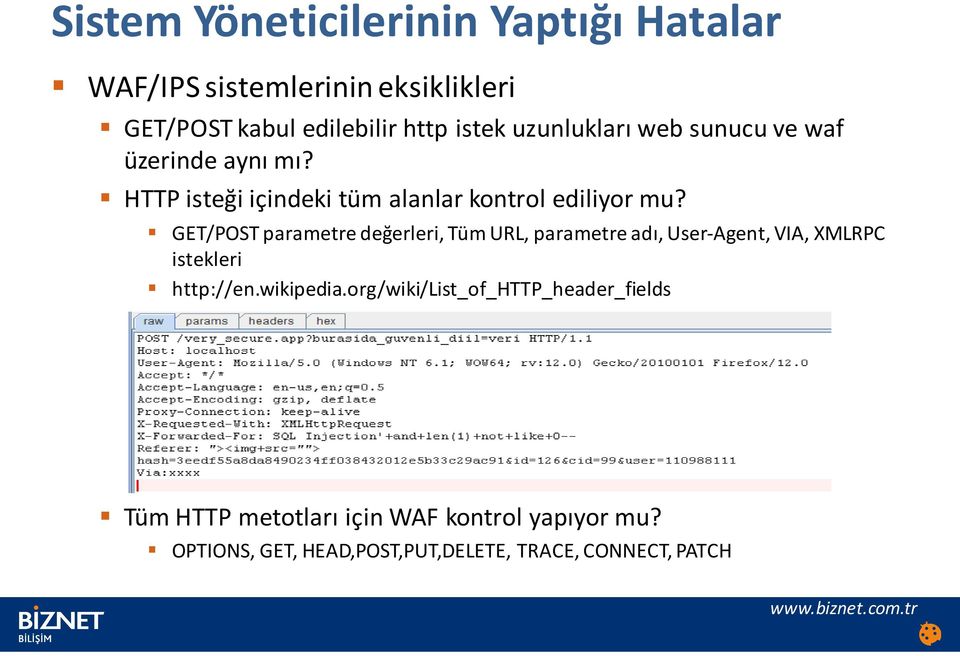 GET/POST parametre değerleri, Tüm URL, parametre adı, User-Agent, VIA, XMLRPC istekleri http://en.wikipedia.