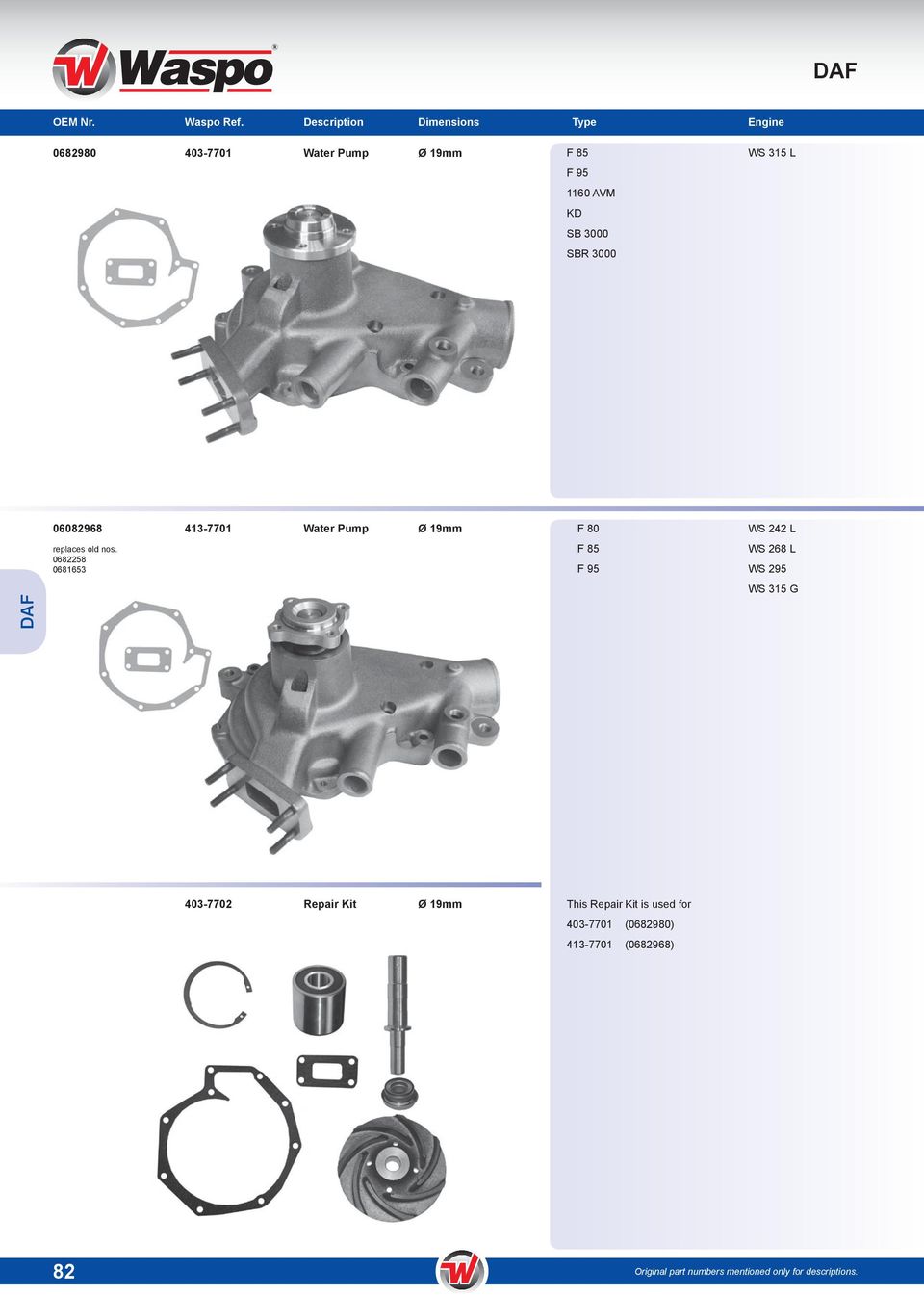 SBR 3000 WS 315 L 06082968 413-7701 Water Pump Ø 19mm F 80 WS 242 L replaces old nos.