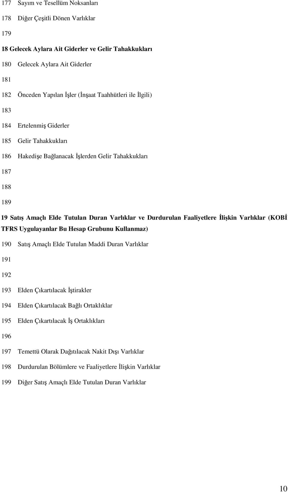 Faaliyetlere İlişkin Varlıklar (KOBİ TFRS Uygulayanlar Bu Hesap Grubunu Kullanmaz) 190 Satış Amaçlı Elde Tutulan Maddi Duran Varlıklar 191 192 193 Elden Çıkartılacak İştirakler 194 Elden Çıkartılacak