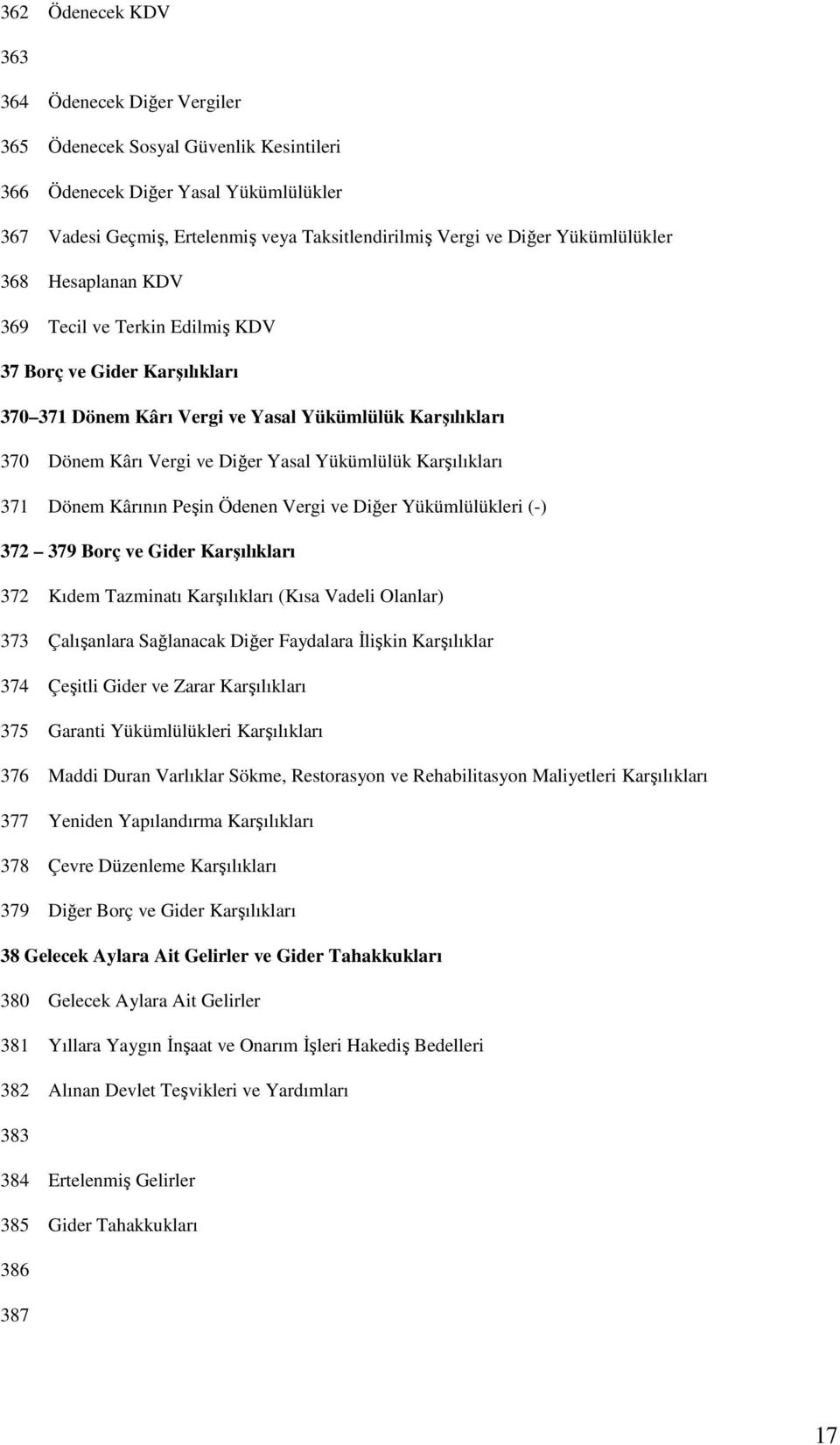 Karşılıkları 371 Dönem Kârının Peşin Ödenen Vergi ve Diğer Yükümlülükleri (-) 372 379 Borç ve Gider Karşılıkları 372 Kıdem Tazminatı Karşılıkları (Kısa Vadeli Olanlar) 373 Çalışanlara Sağlanacak