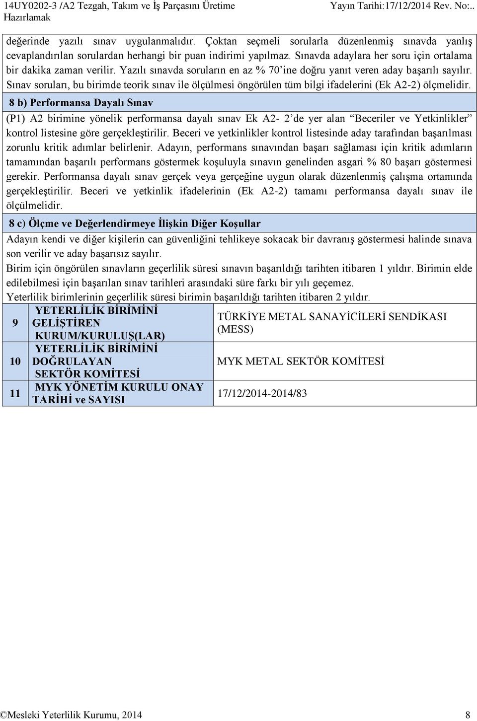 Yazılı sınavda soruların en az % 70 ine doğru yanıt veren aday başarılı sayılır. Sınav soruları, bu birimde teorik sınav ile ölçülmesi öngörülen tüm bilgi ifadelerini (Ek A2-2) ölçmelidir.