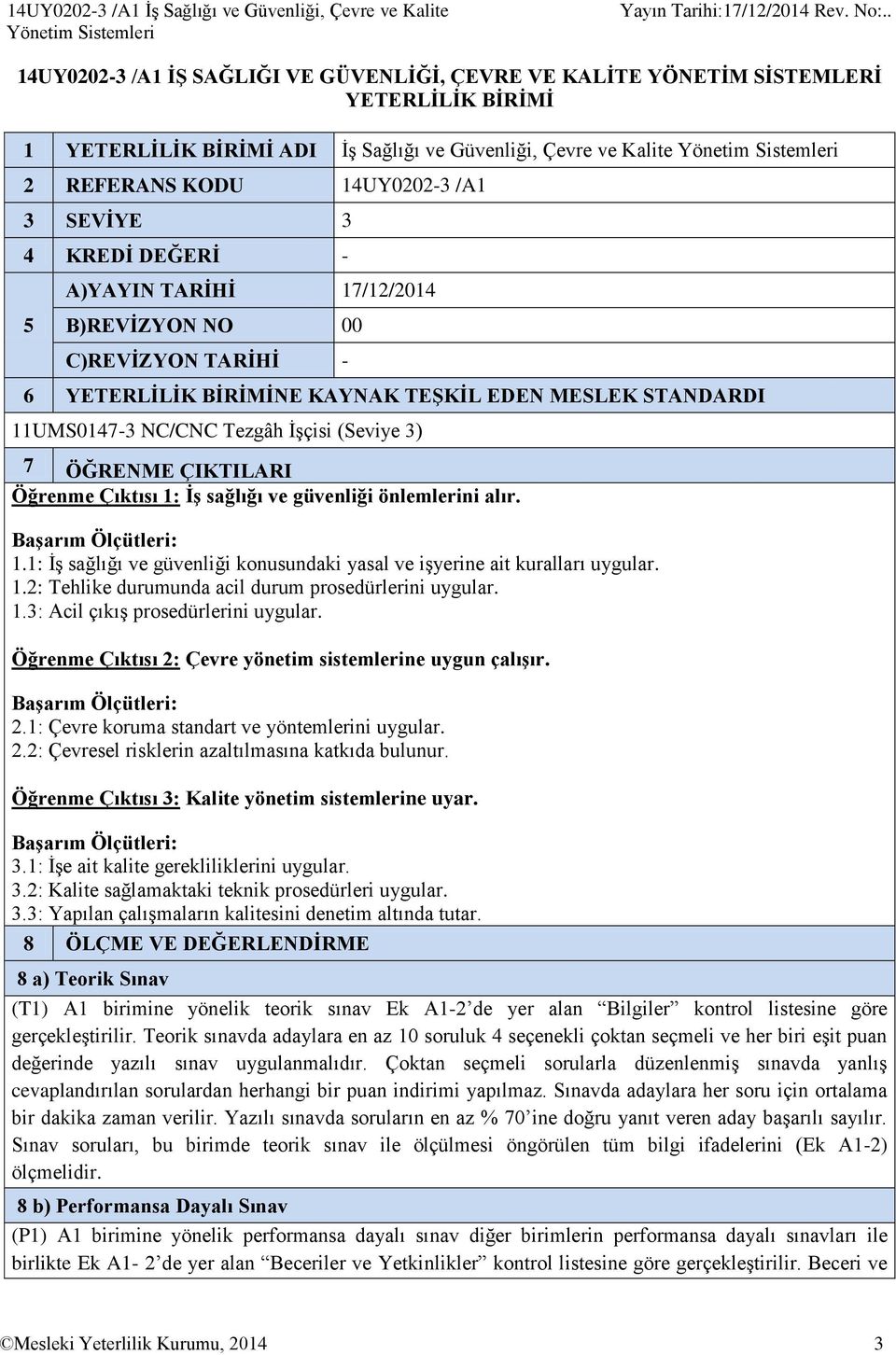 BİRİMİNE KAYNAK TEŞKİL EDEN MESLEK STANDARDI 11UMS0147-3 NC/CNC Tezgâh İşçisi (Seviye 3) 7 ÖĞRENME ÇIKTILARI Öğrenme Çıktısı 1: İş sağlığı ve güvenliği önlemlerini alır. Başarım Ölçütleri: 1.